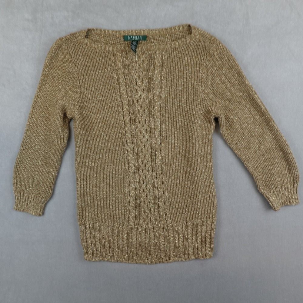 Lauren Ralph Lauren Sweater Womens Gold Metallic Cable Knit Cardigan Medium